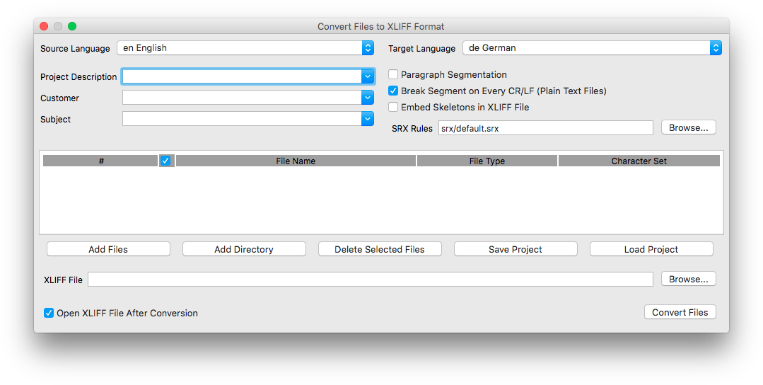 Convert File to XLIFF Format dialog