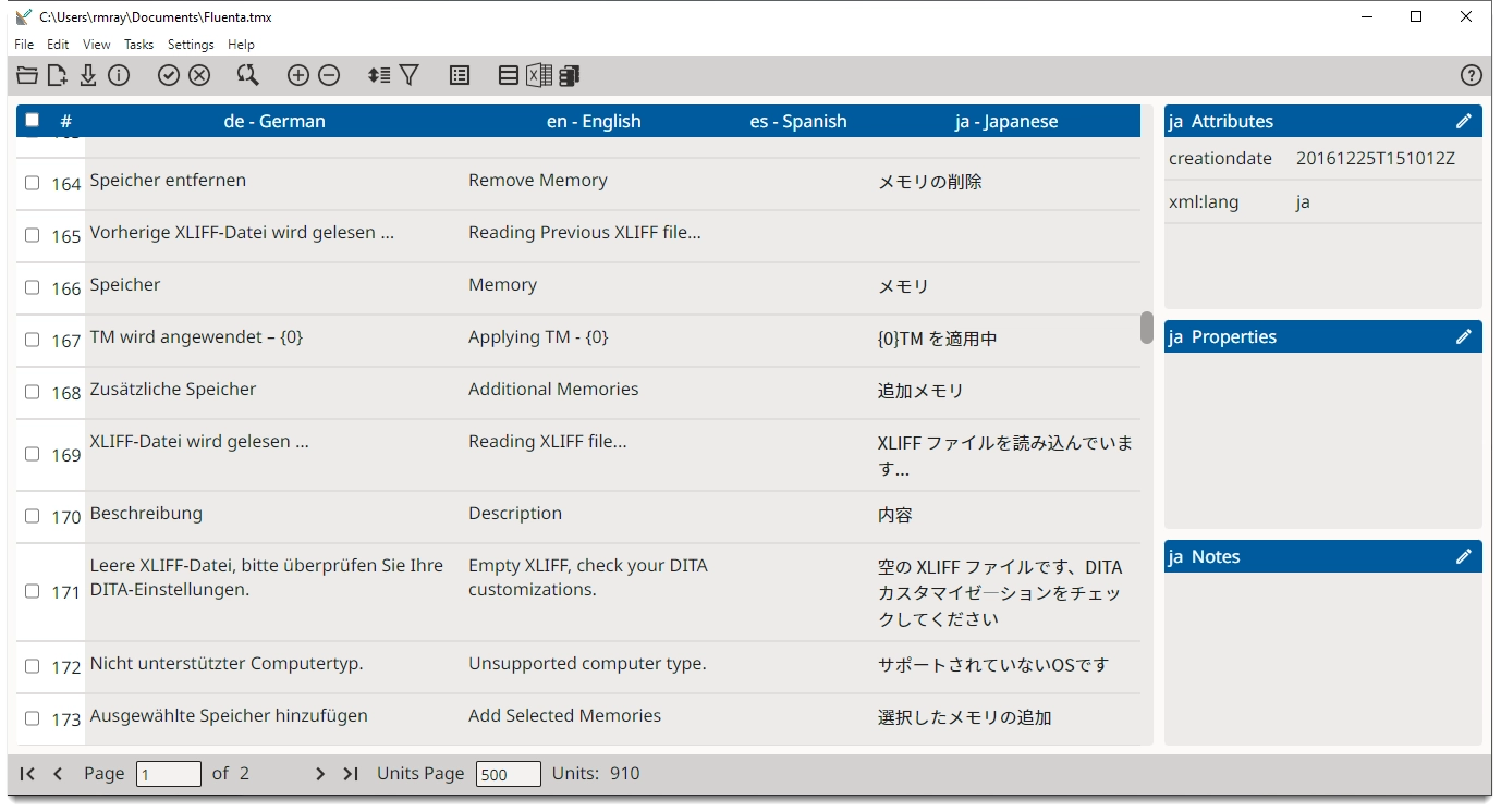 Multilingual file opened in a TMX editor