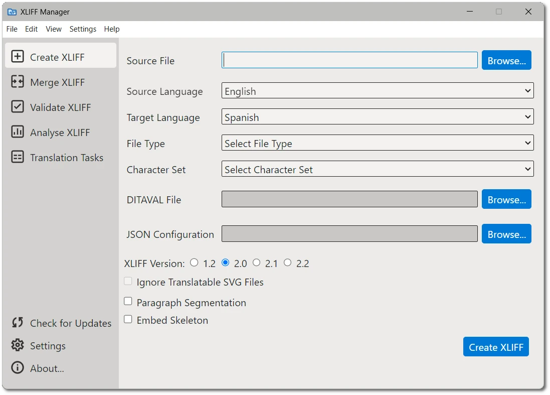 XLIFF Manager User Interface on Windows