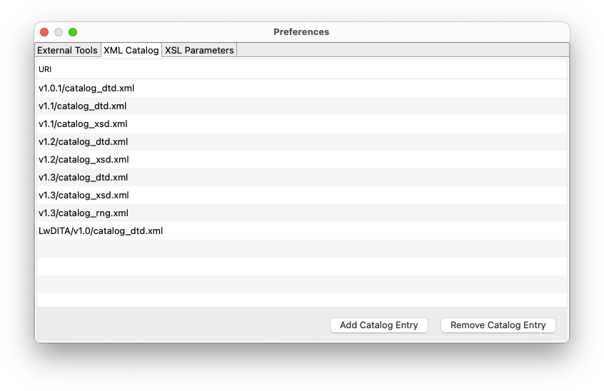 Preferences dialog showing the XML Catalog tab
