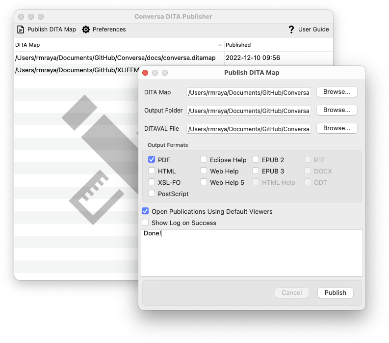 Conversa with Publish DITA Map Dialog