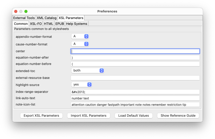 Preferences dialog showing the XSL Parameters tab