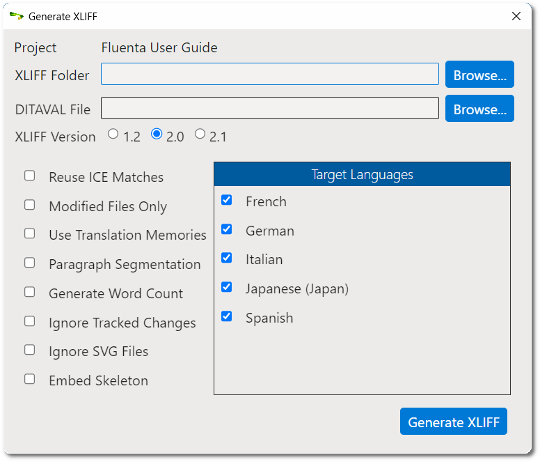 Generate XLIFF dialog