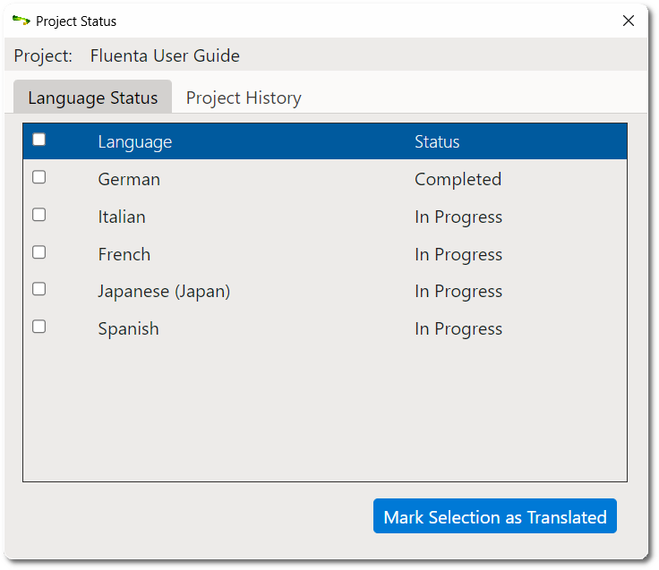 Project Status dialog Status view