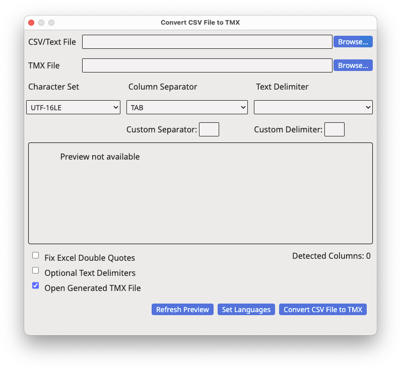 Convert CSV File to TMX Dialog