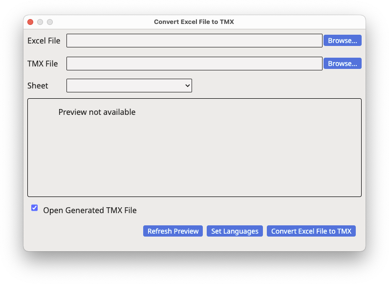 Convert Excel File to TMX Dialog